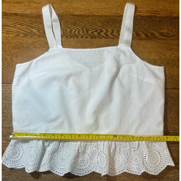 J. Crew White Swiss Dot and Eyelet Ruffle Lined Cami Sz 10 Ribbon Straps - Picture 3 of 7